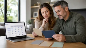 A couple comparing several unbranded policy options online while researching the best whole life insurance companies.