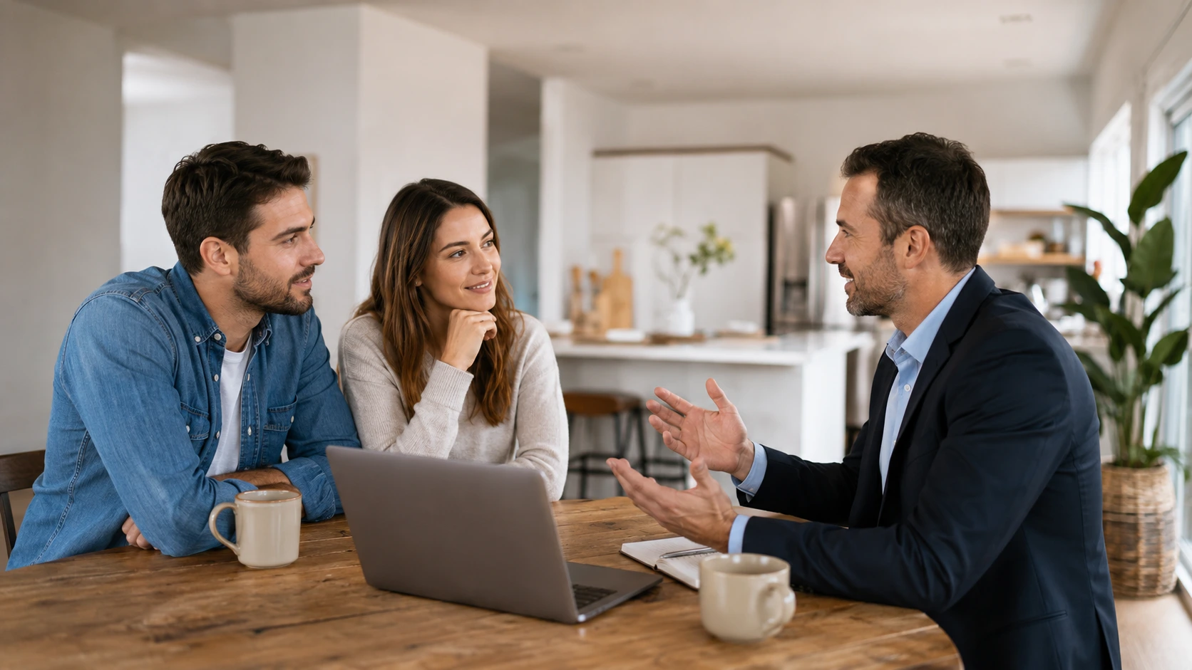 American couple listening to an insurance advisor explain how does life insurance work during a meeting at their kitchen table.