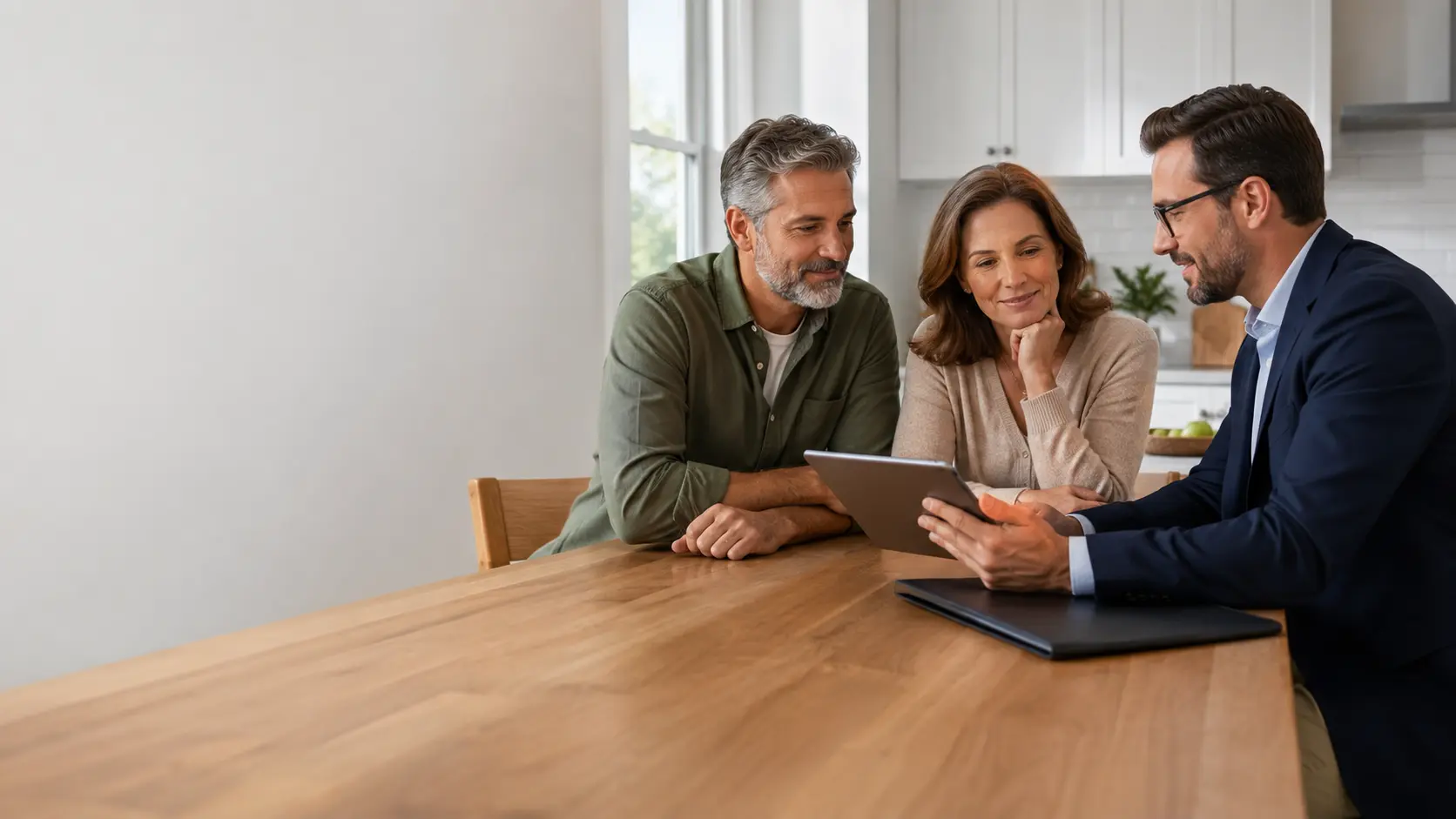 A middle-aged American couple meeting with an insurance advisor at their kitchen table to learn how does whole life insurance work.