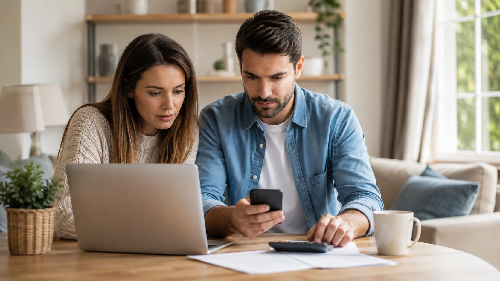 American couple comparing online quotes and household expenses to understand life insurance cost in the United States.