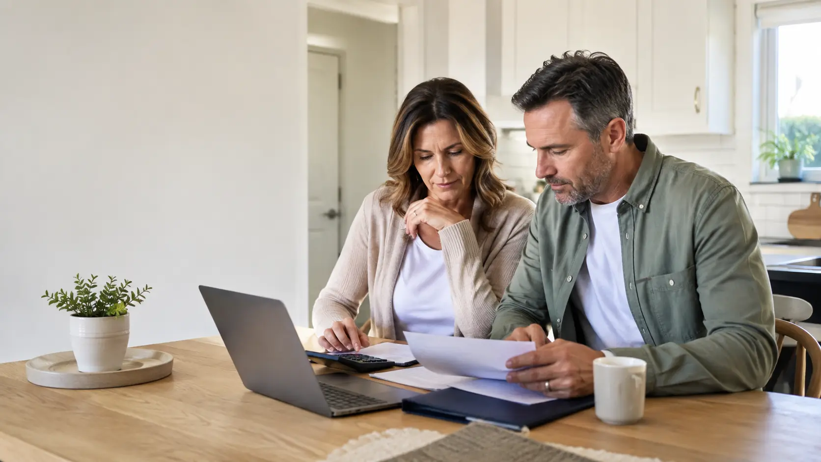 A couple reviewing household finances, policy papers, and a calculator while estimating whole life insurance cost.