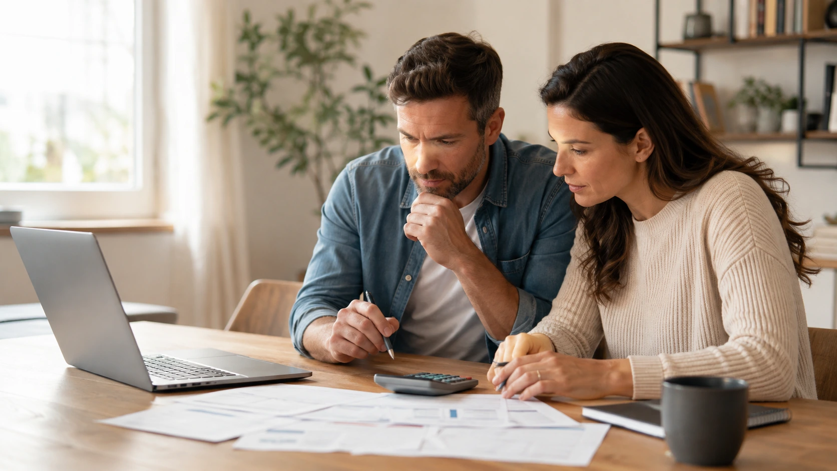 Couple using a laptop and calculator to review household finances and answer how much life insurance do i need for their family.