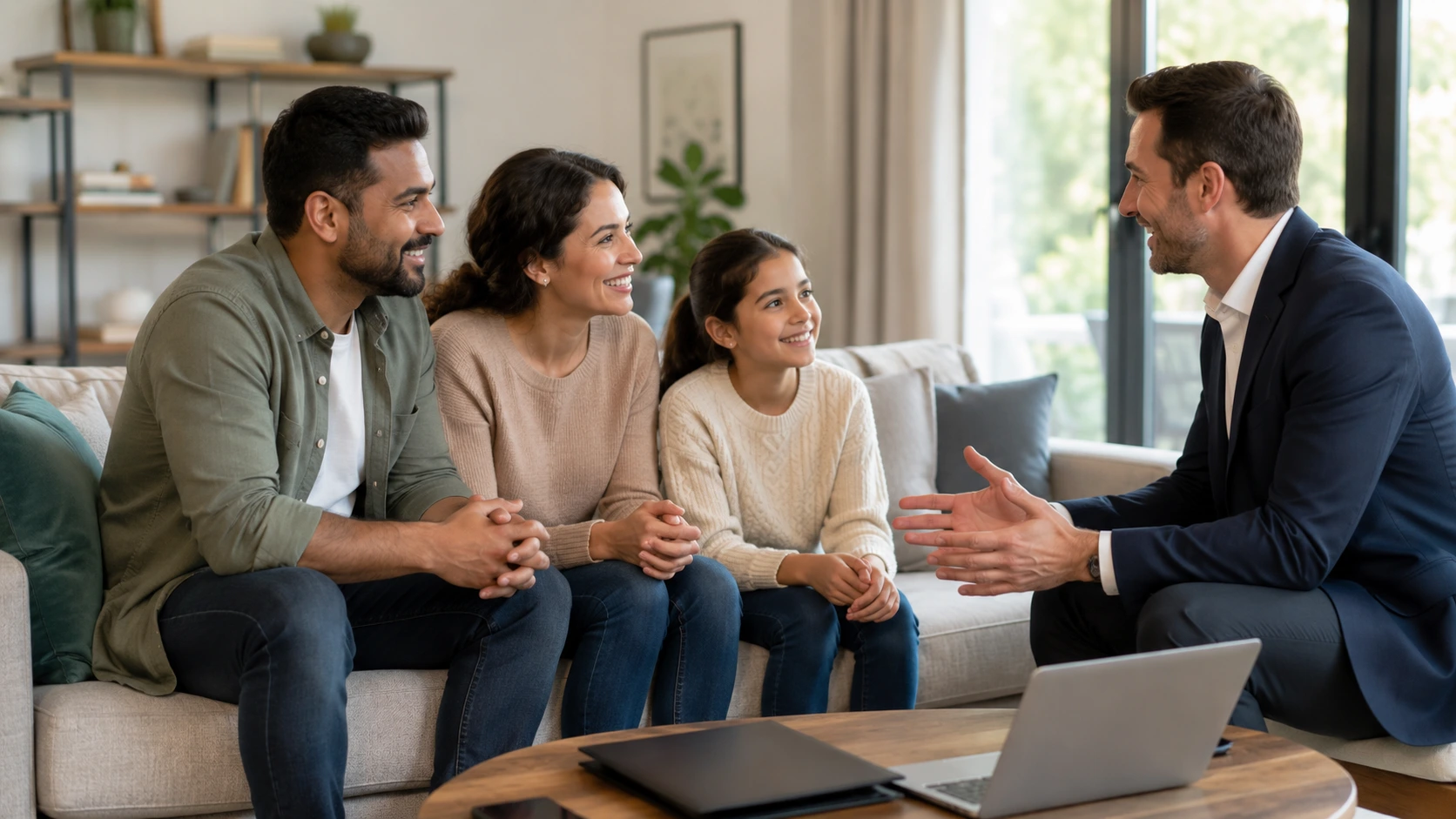 Family speaking with an insurance advisor at home to understand what does life insurance cover and how benefits protect loved ones.