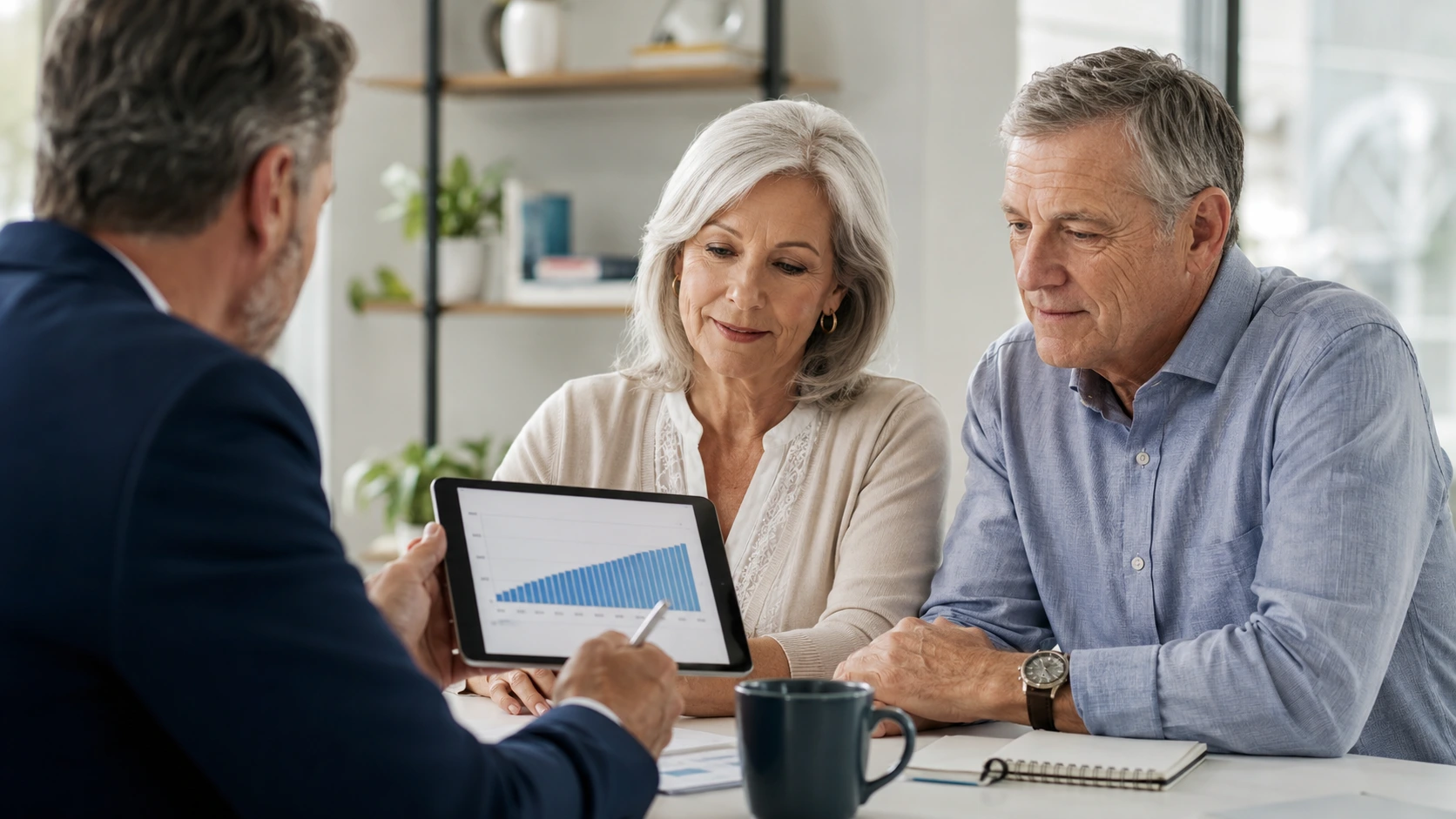 Mature American couple reviewing a retirement income chart with a financial advisor while discussing what is annuity insurance and how it can support retirement.