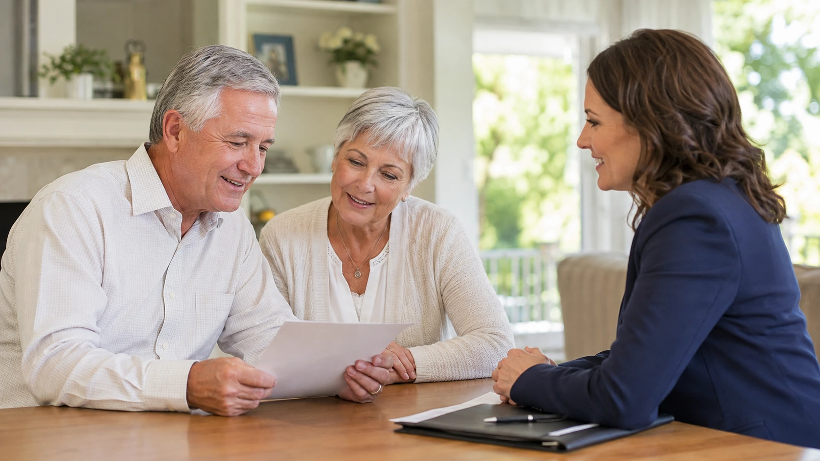 Senior American couple reviewing coverage information with an advisor while discussing what is guaranteed issue whole life insurance and its no-medical-exam eligibility.