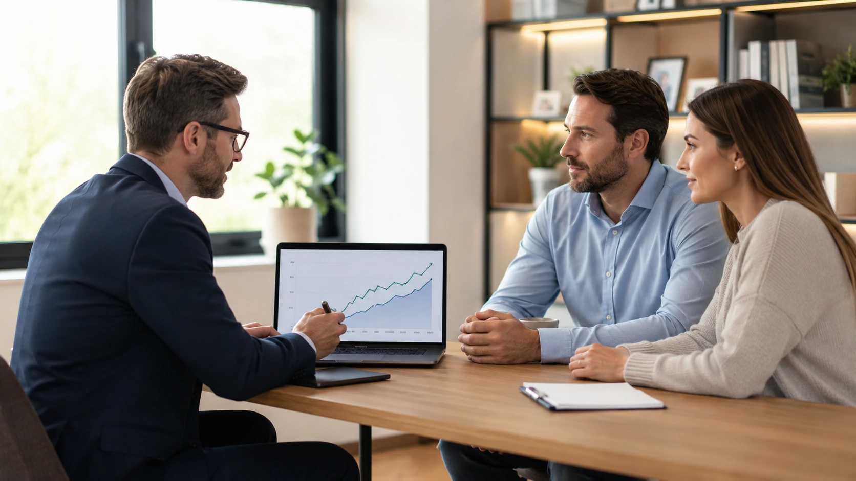 American couple meeting with a financial advisor beside a laptop showing a growth chart while learning what is iul insurance and how cash value may grow.