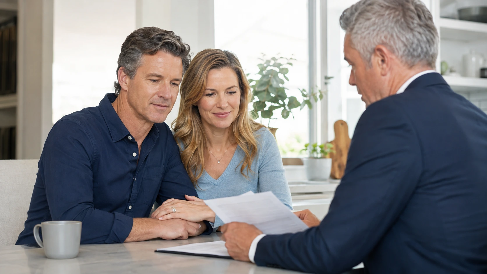 Middle-aged American couple reviewing a simple application with an insurance advisor while learning what is simplified issue whole life insurance and how the coverage works.