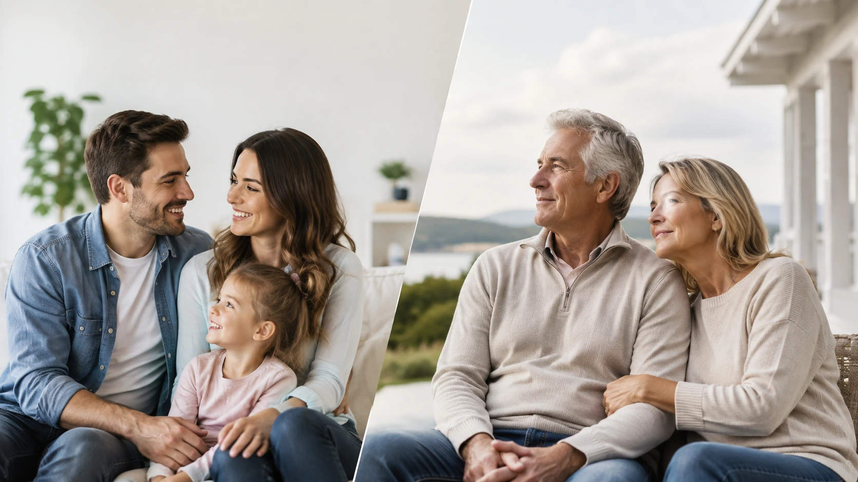 Split editorial image of a young family and an older couple representing term vs whole life insurance planning options.