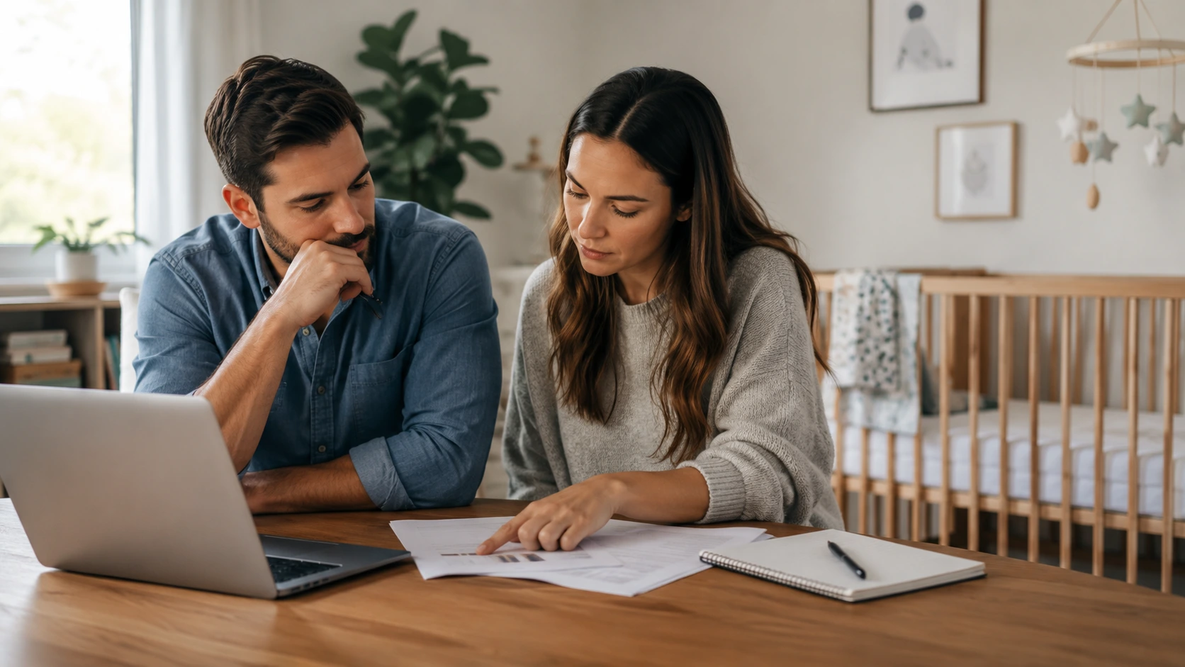 Young couple reviewing financial plans beside a baby crib while considering the best age to buy life insurance.