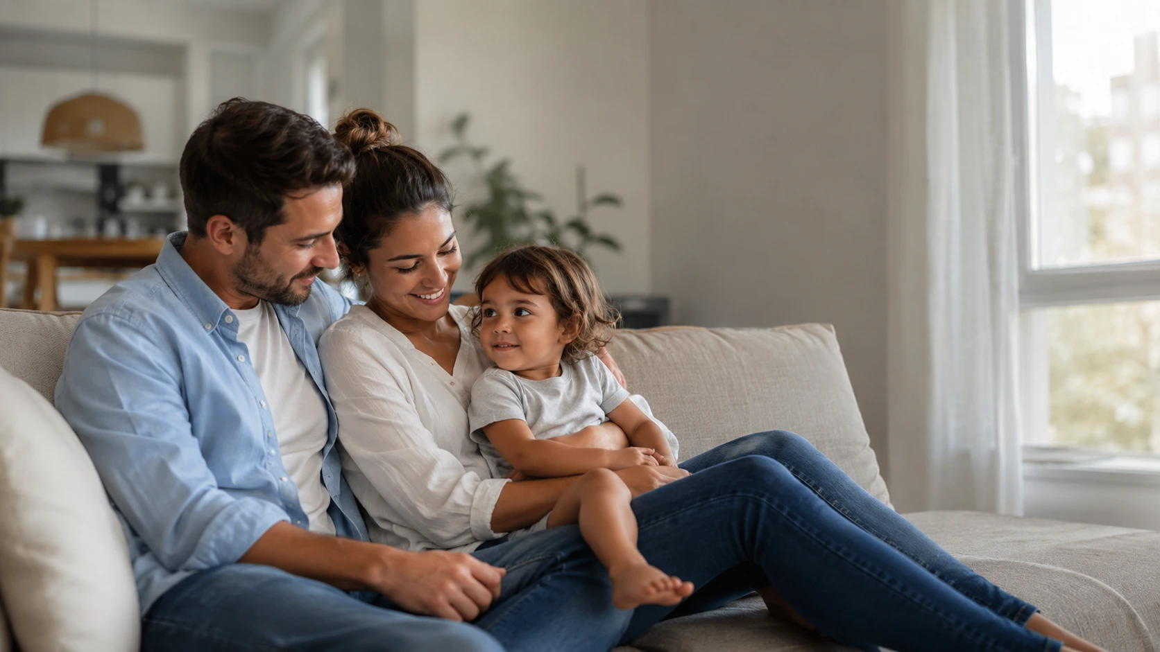 Young American parents relaxing with their child at home, illustrating who needs life insurance to help protect loved ones.