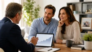 A financial advisor showing a couple an upward growth chart while explaining whole life insurance cash value.
