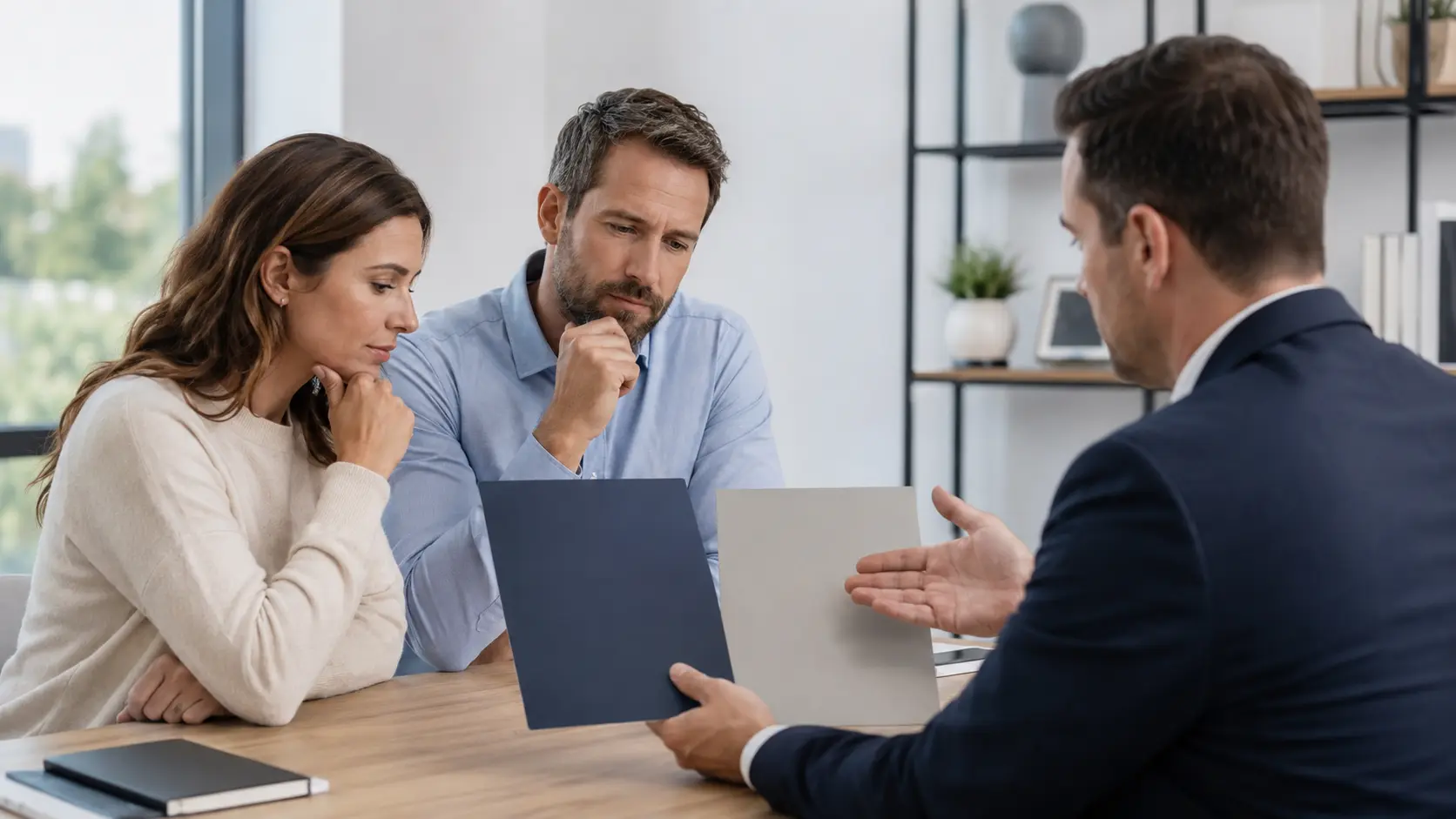An American couple comparing two coverage options with a financial advisor during a whole life insurance vs term life insurance discussion.